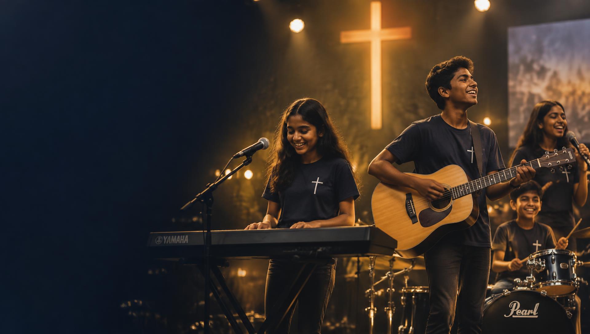Students playing keyboard, guitar and drums and singing in worship